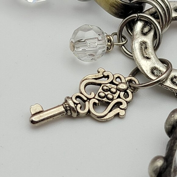 Vintage Charm Bracelet Brass And Silver Tone Key Faceted Glass 8" Adjustable - Picture 2 of 10
